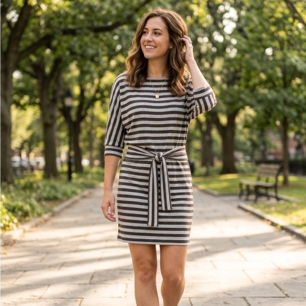 Vince | Gray & Brown Striped Knit Dress with Tie at the Waist | Sz S